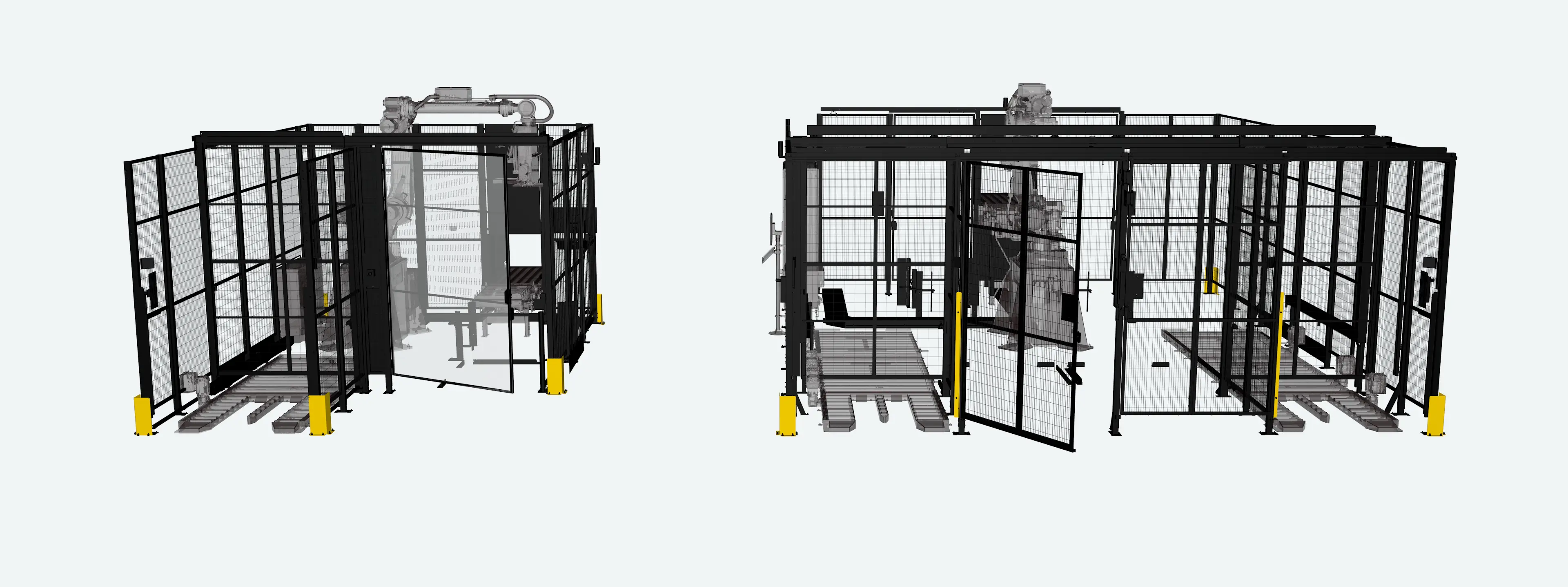 Twin palletizing robot cell in operation